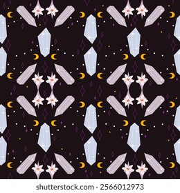 Cute Pastel Seamless Pattern with Pink and Blue Crystals, Moons, Stars, and Flowers on a Black Background