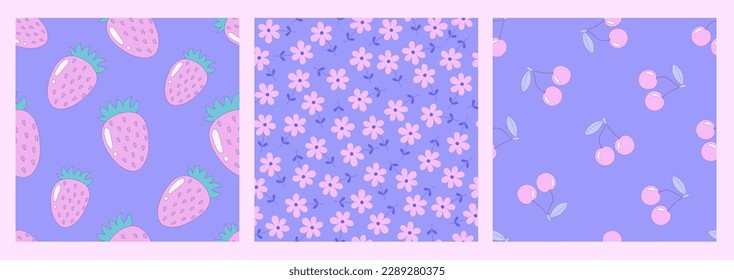 Cute pastel seamless pattern set. Y2k endless backgrounds collection with strawberry, cherry, daisy flowers.
Girly repeat vector illustration with gentle pink and purple colors