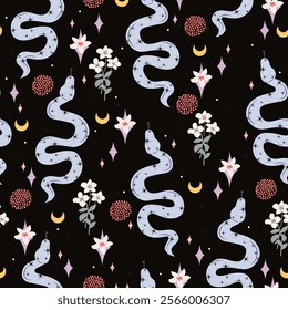 Cute Pastel Seamless Pattern with Snakes, Flowers, Stars, and Moon on a Black Background