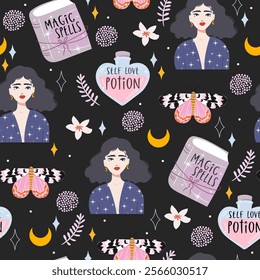 Cute Pastel Seamless Pattern with Witches, Spell Books, Moths, Moons, Flowers, and Love Potion Bottles