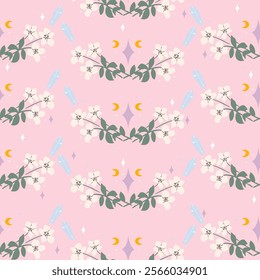 Cute Pastel Seamless Symmetrical Pattern with Flowers and Crystals on a Pink Background