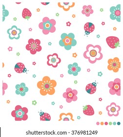 Cute pastel seamless vector pattern with flower, strawberry and ladybug