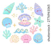 Cute pastel seashells with gold glitter clipart
