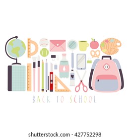cute pastel set of school supplies on white background. back to school set. can be used like stickers, for banners, cards, invitations
