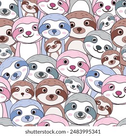 Cute pastel sloth cartoon seamless pattern