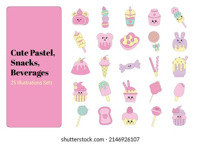 Cute Pastel Snacks and Beverages Illustration Sets