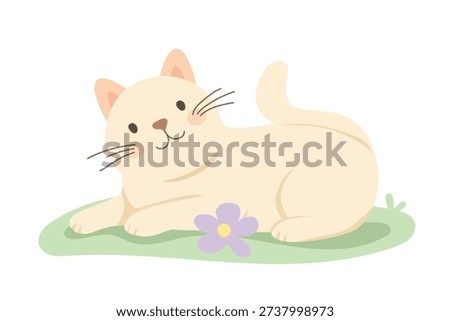 Cute Pastel Spring Cat Lying on Grass with Flower – Flat Vector Illustration. Adorable beige cat lying on green grass with a purple flower. Cute pastel flat vector illustration in soft colors. Perfect for children’s designs, nursery decor, greeting cards, stickers, spring themes, pet-related projects and social media content.