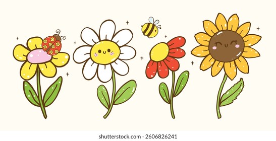 Cute Pastel Spring Flowers field Banner Doodle Hand Drawn Cartoon Illustration
