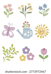 Cute Pastel Spring Garden Elements Set with Flowers Butterfly Sun Watering Can and Leaves Vector Illustration
