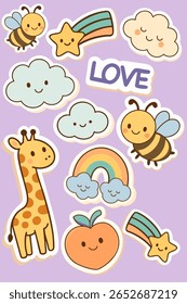 Cute pastel sticker set with bees, rainbow, clouds, giraffe, peach, and love lettering. Hand-drawn kawaii-style illustrations for kids, planners, and creative design projects. Colorful and cheerful cl