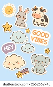 A cute pastel sticker set featuring a smiling elephant, a fluffy cloud, a happy bunny, and a playful cow, all in kawaii style. Includes a cheerful "Good Vibes" hand-lettered phrase.