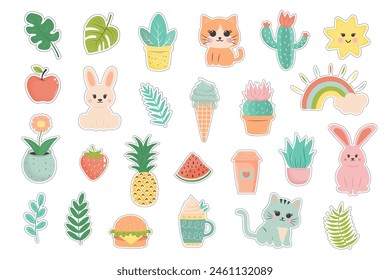Cute pastel sticker set. Hand drawn cartoon characters, cactus, leaves, fruit and other. Kawaii style sticker collection.
