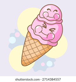 Ilustración linda de la historieta del cono del waffle del helado de la pila de la cucharada de la fresa pastel con una cara sonriente feliz. Diseño de postre kawaii en colores pastel suaves sobre un fondo simple.