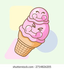 Ilustración linda de la historieta del cono de la torta del helado de la pila de la cucharada de la fresa pastel con una cara sonriente feliz. Diseño de postre kawaii en colores pastel suaves sobre un fondo simple.