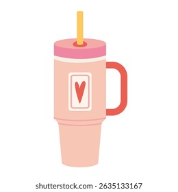 Cute pastel summer tumbler with handle and straw, decorated with a heart. Reusable cup for takeaway drink. Trendy modern vector illustration isolated on white, hand drawn, flat design