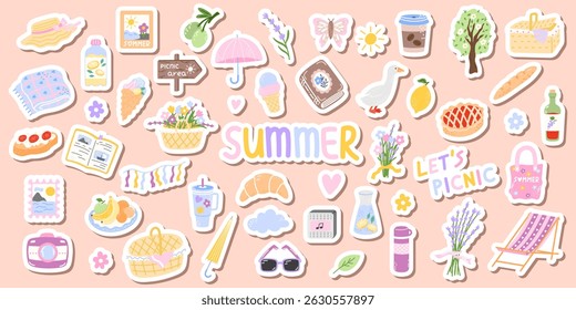 Cute pastel summer vector set with food, drinks, and summer elements, lemonade, sun hat, croissant, and blanket, flower. Kawaii clip-art for seasonal icon, sticker pack, clipart, and cozy designs