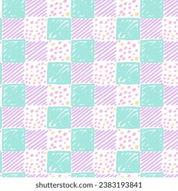 Cute pastel tablecloth gingham Vector Pattern. Hand drawn doodle checker background. Cottagecore Garden design. Homestead Farmhouse Summer Graphic Background