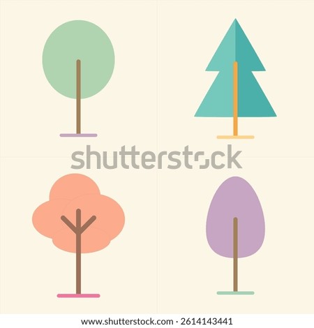 Cute Pastel Tree Icons in Flat Style with Minimalist Shapes and Soft Colors