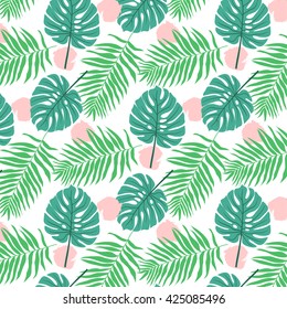 cute pastel tropical pattern with monstera and palm leaves. can be used for notebook cover, textile, greeting cards and party invitations