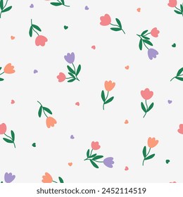 Cute pastel tulip flower element, leaves and heart. Floral leaf. Abstract cartoon seamless pattern. Texture for card, fabric, wrapping, textile, wallpaper, background, paper gif, scarf, phone case, wr