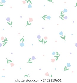 Cute pastel tulip flower element, leaves and dot. Floral leaf. Abstract cartoon seamless pattern. Texture for card, fabric, wrapping, textile, wallpaper, background, paper gif, scarf, phone case, wrap