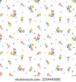 Cute pastel tulip flower element, leaves and dot white background. Abstract floral seamless pattern. Texture for card, fabric, wrapping, textile, wallpaper and background.