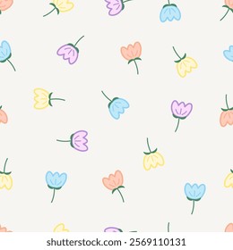 Cute pastel tulip flower element and leaves. Floral leaf. Abstract cartoon seamless pattern. Texture for card, fabric, wrapping, textile, wallpaper, background, paper gif, scarf, phone case, wrapping.