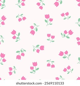 Cute pastel tulip flower element and leaves. Floral leaf. Abstract cartoon seamless pattern. Texture for card, fabric, wrapping, textile, wallpaper, background, paper gif, scarf, phone case, wrapping.