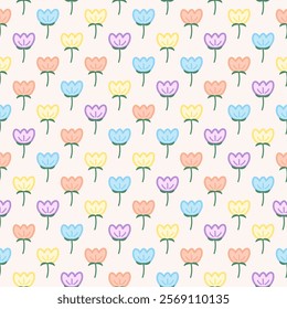 Cute pastel tulip flower element and leaves. Floral leaf. Abstract cartoon seamless pattern. Texture for card, fabric, wrapping, textile, wallpaper, background, paper gif, scarf, phone case, wrapping.