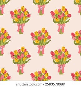 Cute pastel tulip flower element. Floral leaf. Abstract cartoon seamless pattern. Texture for card, fabric, wrapping, textile, wallpaper, background, paper gif, scarf, phone case