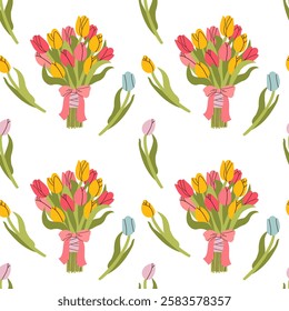 Cute pastel tulip flower element. Floral leaf. Abstract cartoon seamless pattern. Texture for card, fabric, wrapping, textile, wallpaper, background, paper gif, scarf, phone case