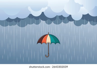 Cute pastel umbrella under falling drops, flat vector for rainy weather children’s books, seamless backgrounds, and nursery decoration
