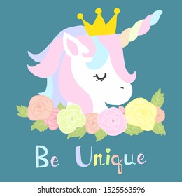 Cute pastel unicorn with blue background