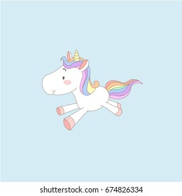 Cute pastel unicorn cartoon in the sky blue background