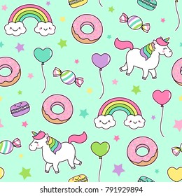 Cute pastel unicorn, dessert and balloon seamless pattern with star background