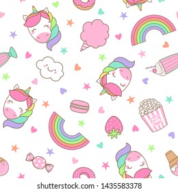 Cute pastel unicorn and dessert seamless pattern background