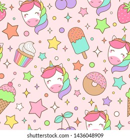 Cute pastel unicorn and dessert seamless pattern with star background