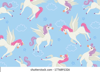 Cute pastel unicorn and dessert seamless pattern on blue background