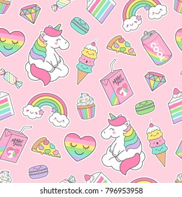 Cute pastel unicorn and dessert seamless pattern on pink background