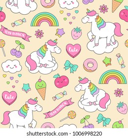 Cute pastel unicorn and doodle elements seamless pattern background