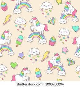 Cute Pastel Unicorn And Doodle Elements Seamless Pattern Background