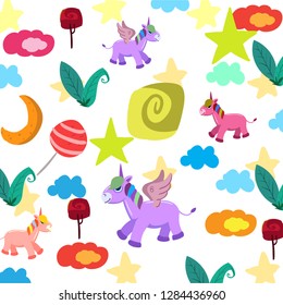 Cute pastel unicorn and doodle elements seamless pattern background, Decorative Elements for Newborn with Cute unicorn. Vector illustration