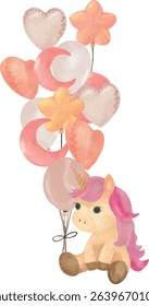 Cute pastel unicorn plush holding festive balloons. Great for kids’ party designs, baby prints, and nursery-themed illustrations.