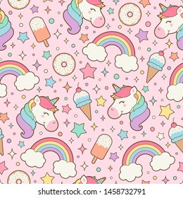 Cute pastel unicorn, rainbow and desserts seamless pattern with star background.