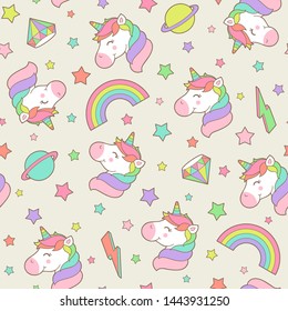 Cute pastel unicorn, rainbow, diamond, saturn and thunder seamless pattern with star background.