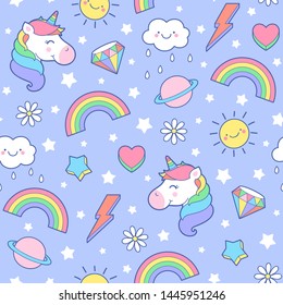 Cute pastel unicorn, rainbow, diamond, saturn, thunder, sun and heart seamless pattern with star background.