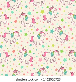 Cute pastel unicorn seamless pattern with star background.