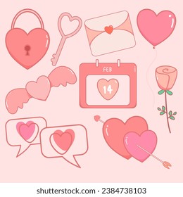 Cute pastel Valentine collection with hearts, balloons, heart arrows, roses, vector illustrations for icons, logos, stickers, printable.