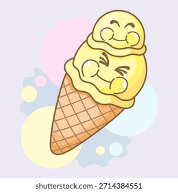 Ilustración de dibujos animados de cono de waffle de helado de pila de cucharada de vainilla pastel lindo con una cara sonriente feliz. Diseño de postre kawaii en colores pastel suaves sobre un fondo simple.
