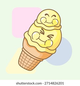 Lindo pastel vainilla pila scoop stack helado pastel cono ilustración de dibujos animados con una cara sonriente feliz. Diseño de postre kawaii en colores pastel suaves sobre un fondo simple.